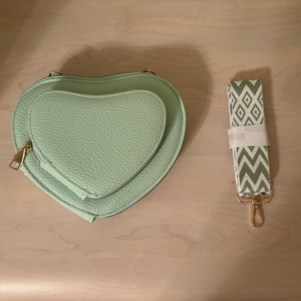 New Mint Green Heart Triple Zipped Crossbody Bag w/ Detachable Strap